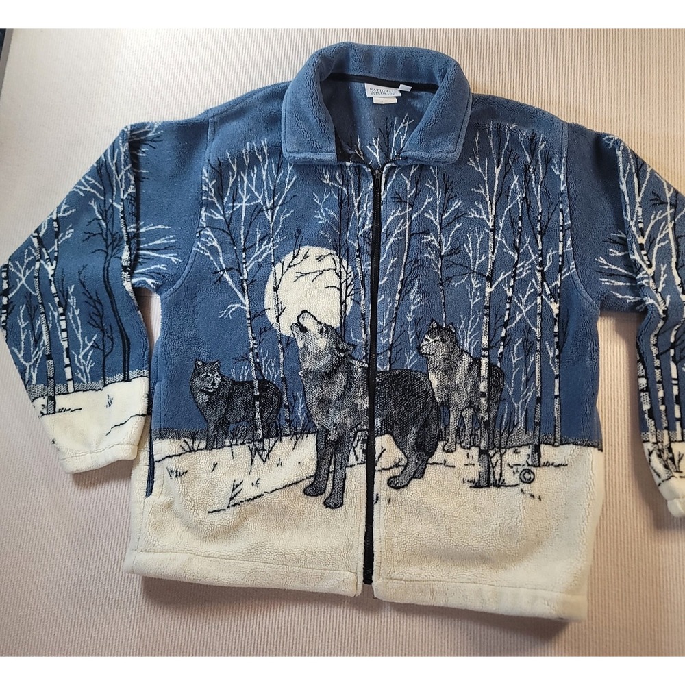 National Wildlife Federation Jacket Mens Medium Vintage Fleece Howling Wolf Moon